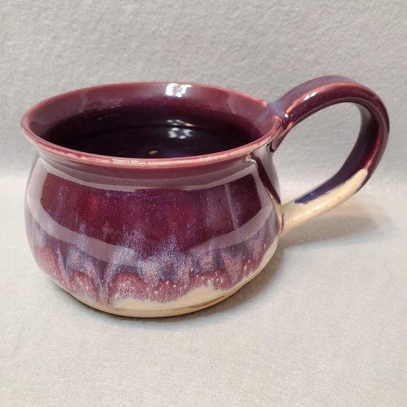 Hand Crafted Studio Pottery Soup Mug, Signed Large Coffee Cup, Purple Drip Glaze - Picture 2 of 13